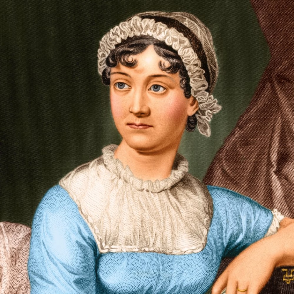 Portrait de Jane Austen, célèbre romancière britannique du XIXe siècle, autrice de Orgueil et Préjugés et Raison et Sentiments.